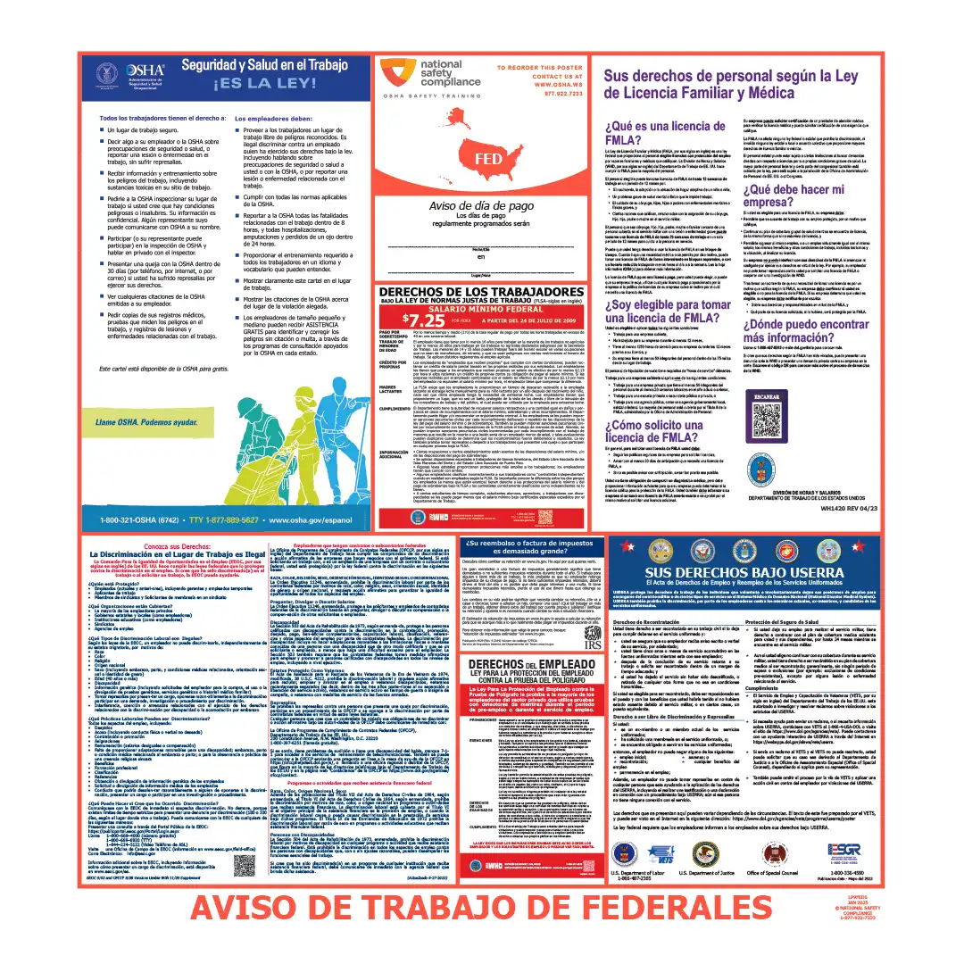 Federal labor law poster in Spanish, 24 Ă— 26 in