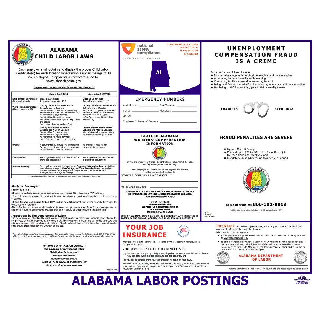Alabama state labor law poster, 24 × 20 in