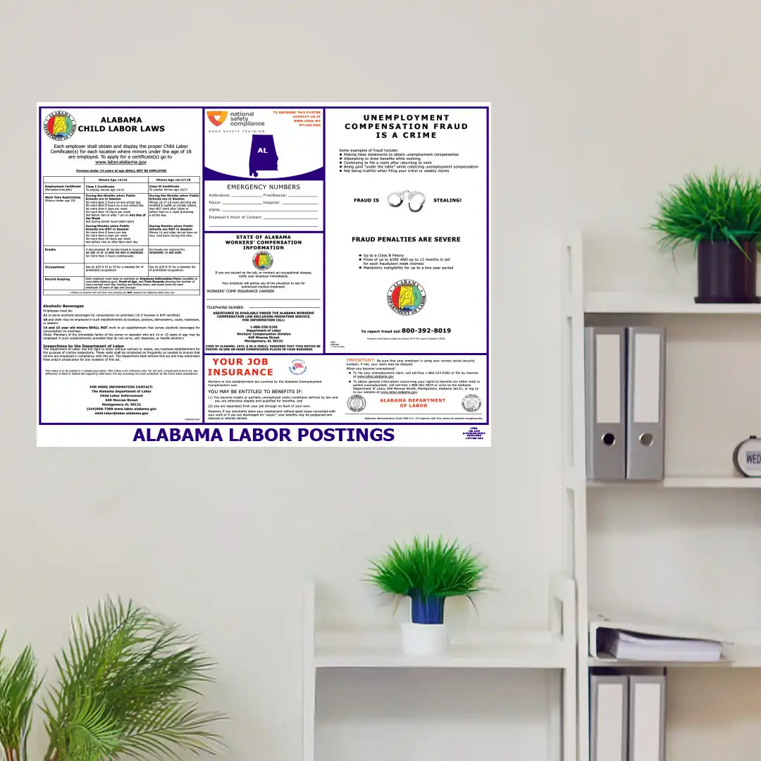 Alabama and federal labor law posters displayed on a workplace wall