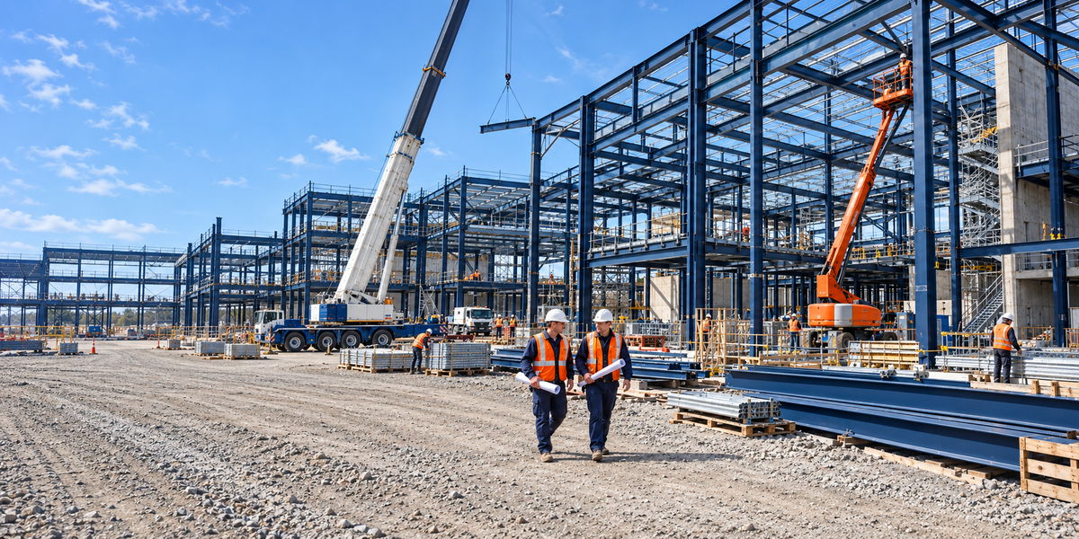 Construction workers in orange safety vests at a steel-frame building site