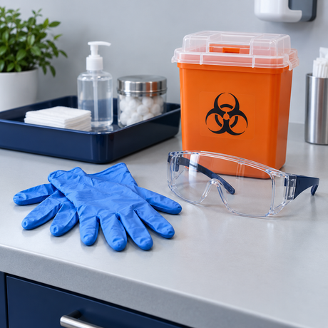 Protective gloves, goggles and a sharps container