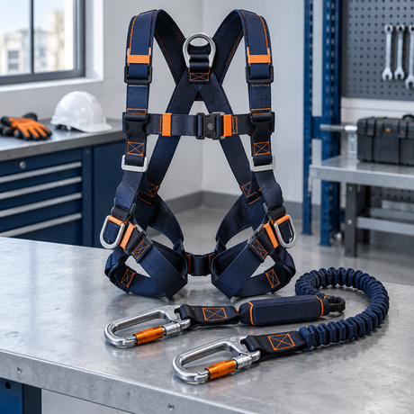 Fall protection harness and lanyard on a workbench
