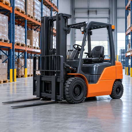 Orange forklift parked in a warehouse