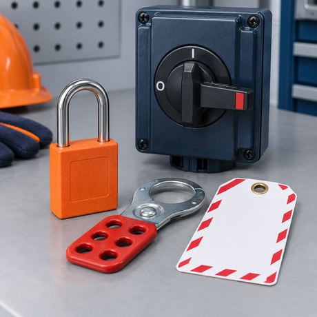 Lockout padlock, hasp and tag beside a disconnect switch