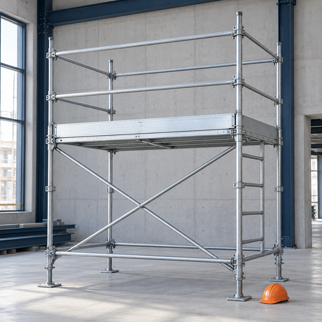 Steel scaffold with platform and guardrails